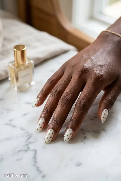 Close-up of oval nails with playful olive green polka dots — look 3