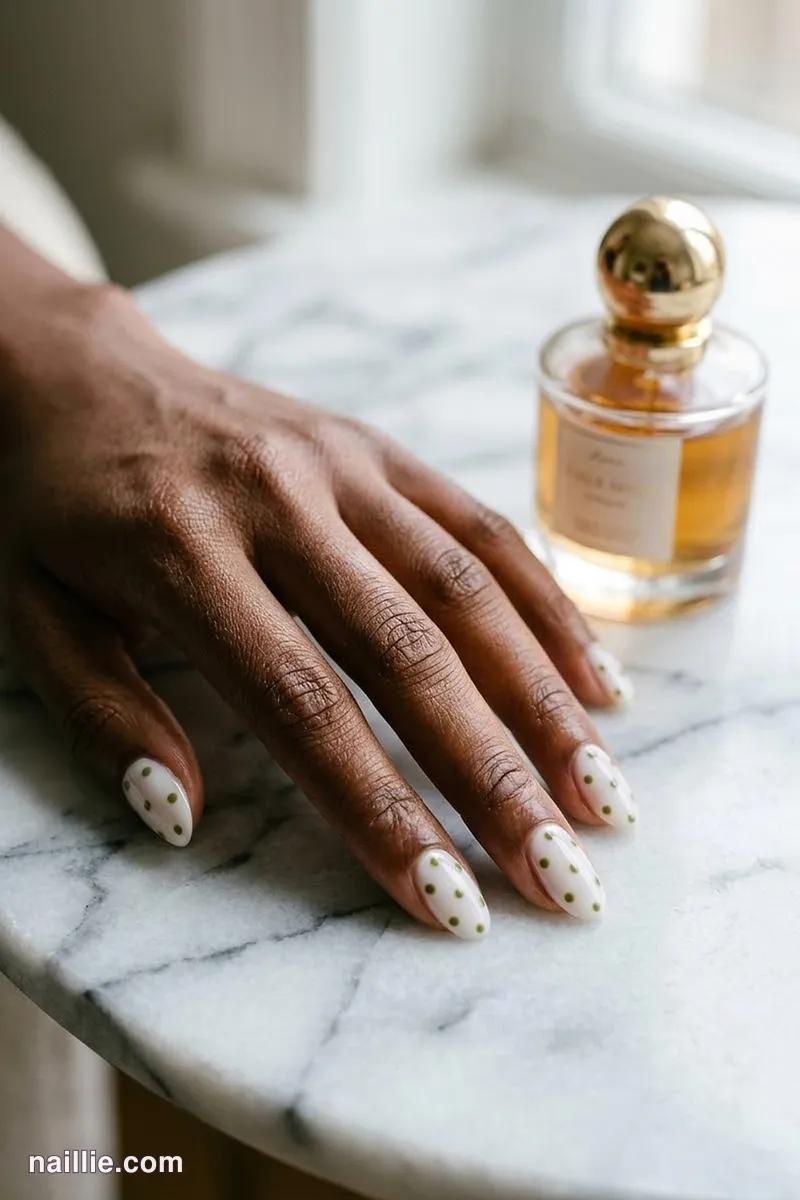 Close-up of oval nails with playful olive green polka dots