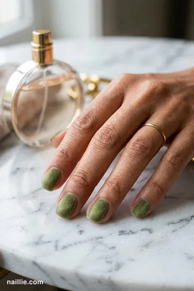 Close-up of short square nails with olive green polish and a soft velvet shimmer — look 2