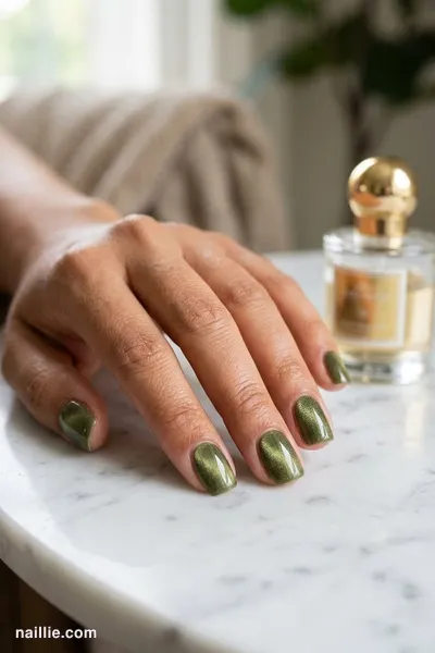 Close-up of short square nails with olive green polish and a soft velvet shimmer — look 3