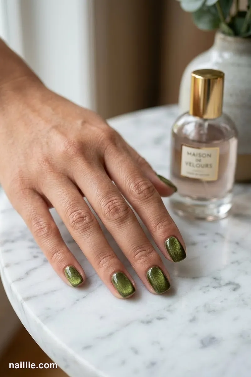 Close-up of short square nails with olive green polish and a soft velvet shimmer