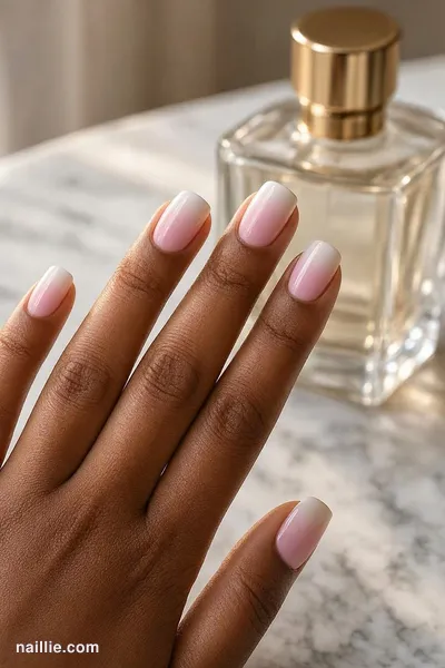 Close-up of short square nails with a soft pastel pink baby boomer fade — look 2