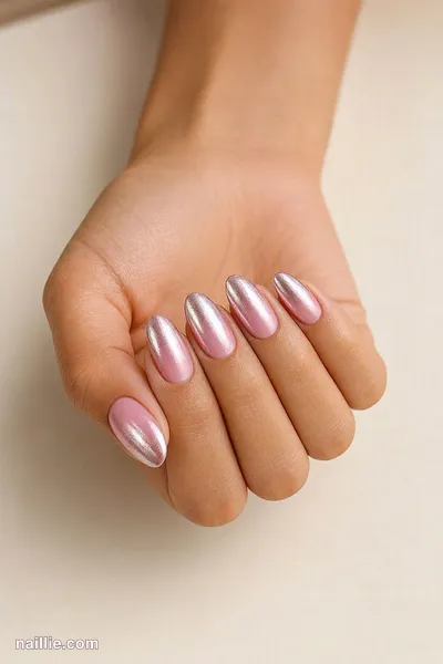 Close-up of almond nails with pastel pink polish and a mirror-like chrome finish — look 2
