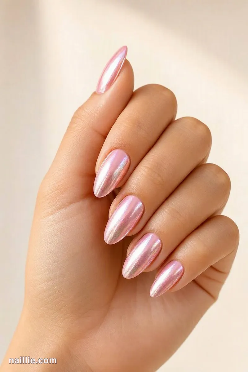 Close-up of almond nails with pastel pink polish and a mirror-like chrome finish