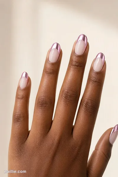 Close-up of oval nails with pastel pink chrome French tips — look 2