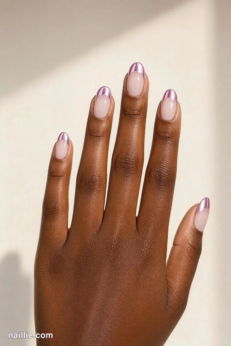 Close-up of oval nails with pastel pink chrome French tips