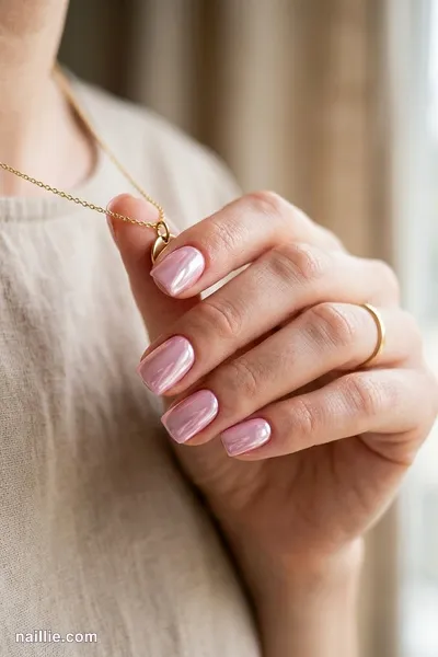 Close-up of short square nails with pastel pink polish and a mirror-like chrome finish
