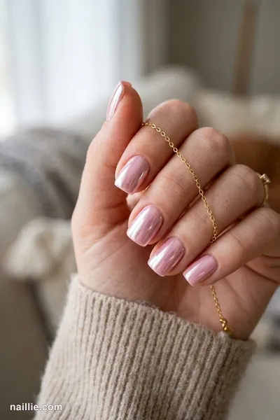 Close-up of short square nails with pastel pink polish and a mirror-like chrome finish — look 2