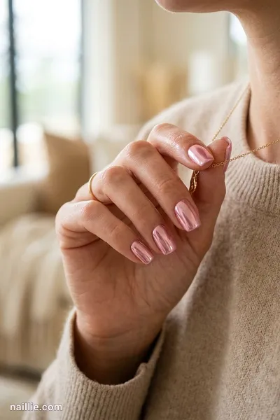 Close-up of short square nails with pastel pink polish and a mirror-like chrome finish — look 3
