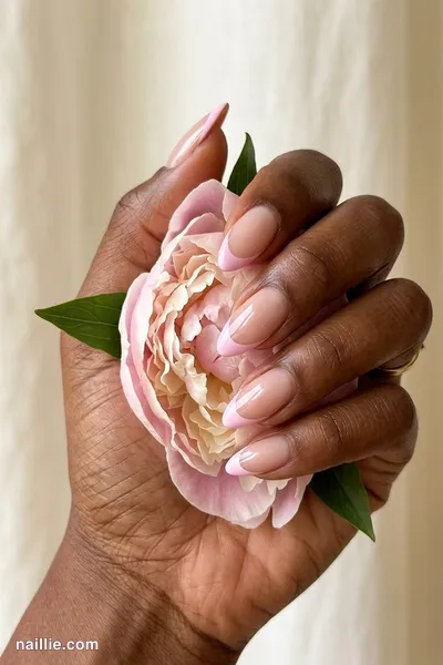 Close-up of almond nails with pastel pink French tips over a sheer nude base — look 2