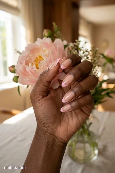 Close-up of almond nails with pastel pink French tips over a sheer nude base — look 3