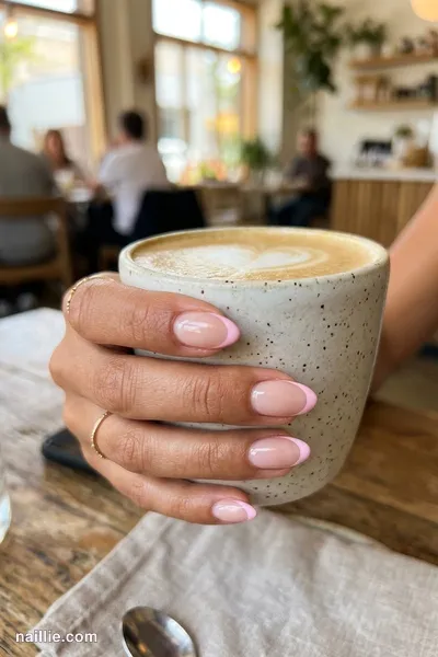 Close-up of short almond nails with pastel pink French tips over a sheer nude base
