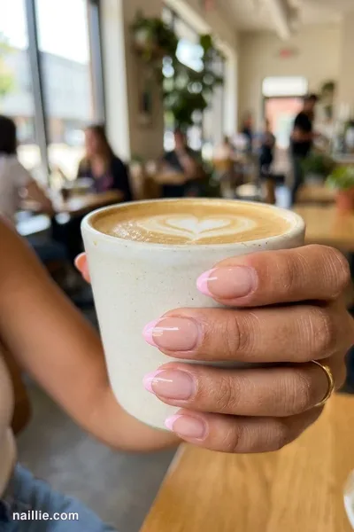 Close-up of short almond nails with pastel pink French tips over a sheer nude base — look 2
