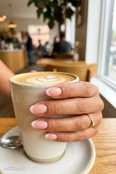 Close-up of short almond nails with pastel pink French tips over a sheer nude base — look 3
