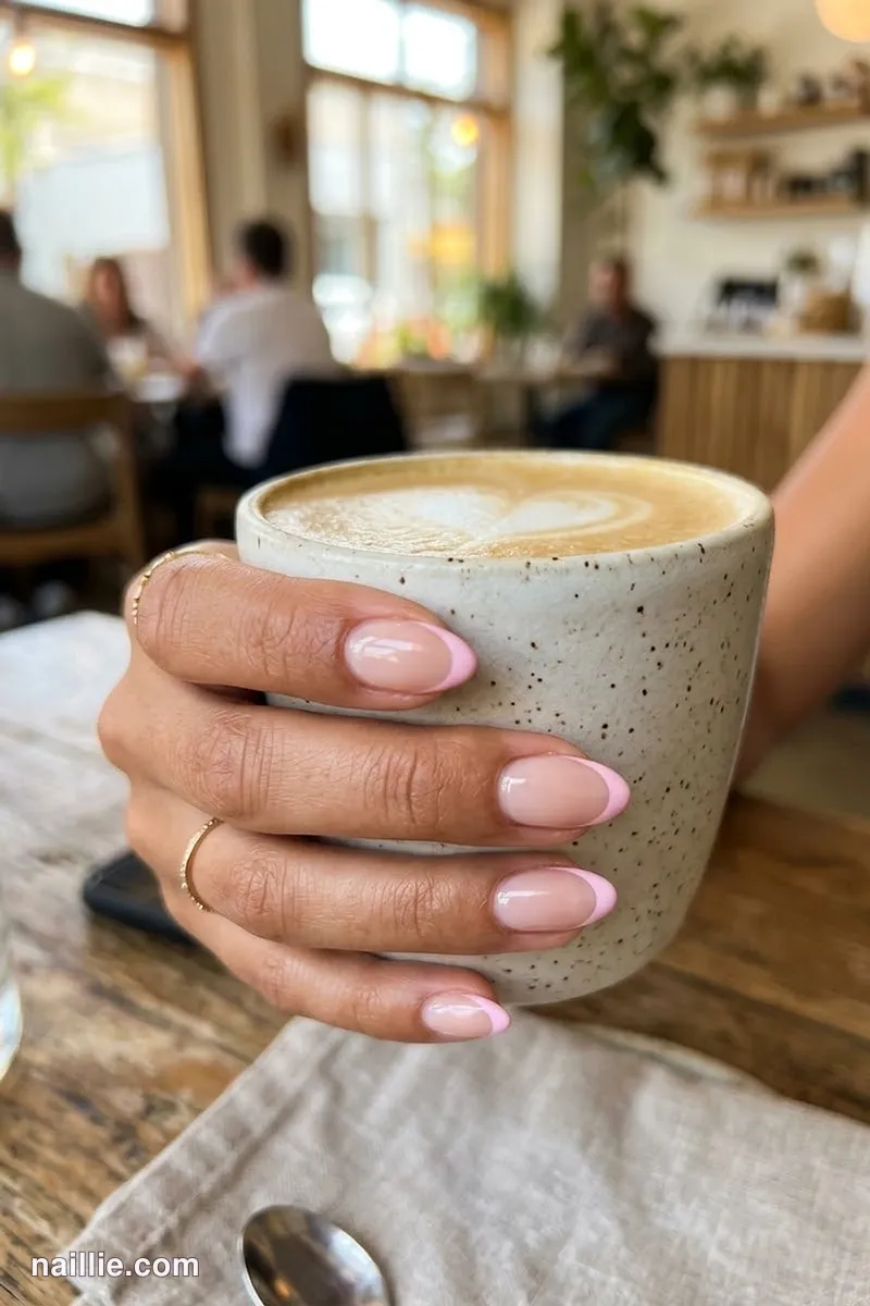 Close-up of short almond nails with pastel pink French tips over a sheer nude base