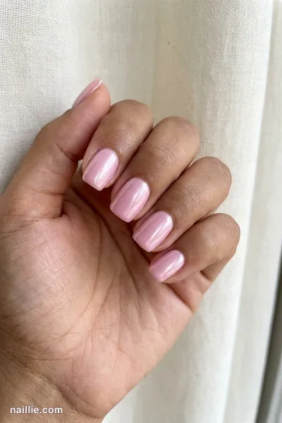 Close-up of short square nails with pastel pink polish and a pearly glazed-donut shimmer — look 2