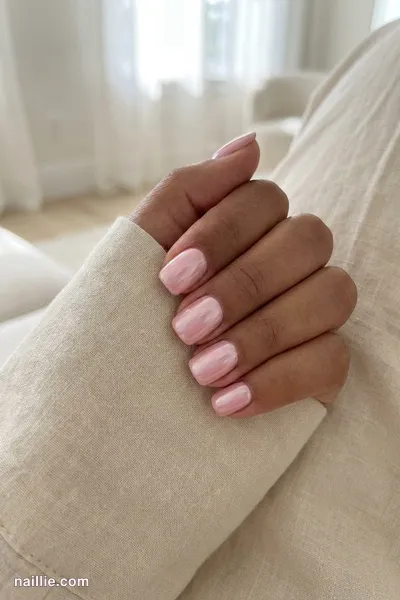 Close-up of short square nails with pastel pink polish and a pearly glazed-donut shimmer — look 3