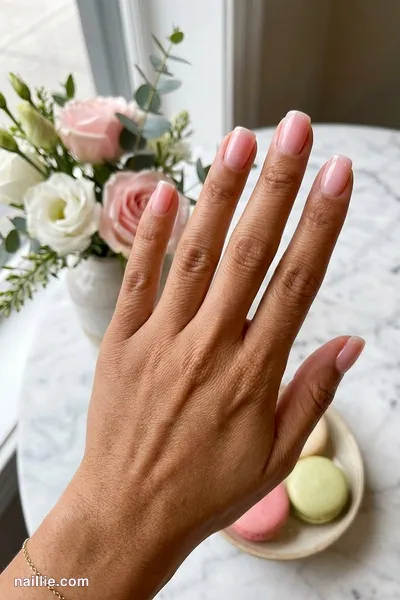 Close-up of short square nails with pastel pink polish and a glossy see-through jelly finish