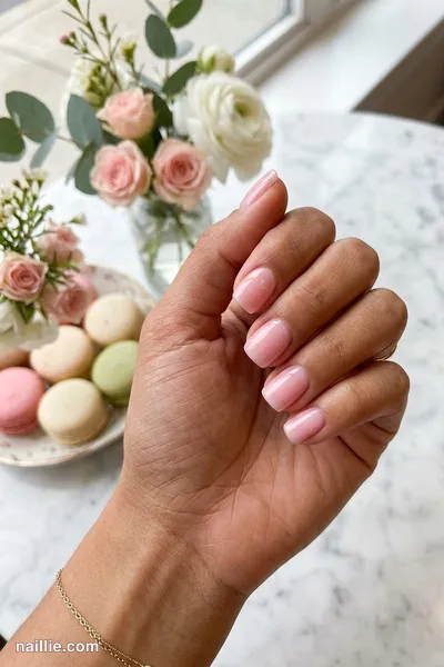 Close-up of short square nails with pastel pink polish and a glossy see-through jelly finish — look 2