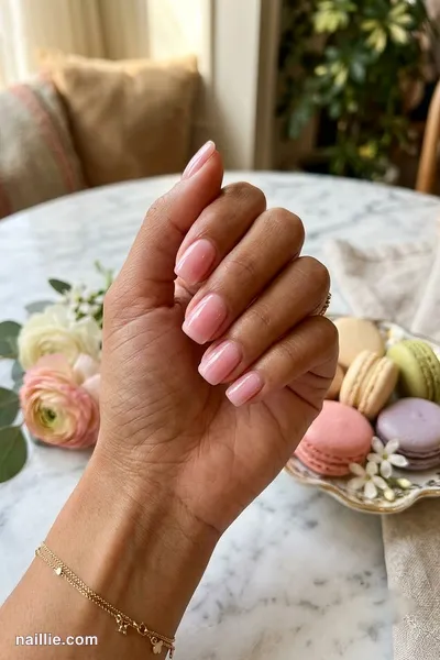 Close-up of short square nails with pastel pink polish and a glossy see-through jelly finish — look 3