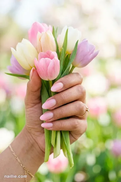 Close-up of oval nails with a pastel pink ombre fading into nude