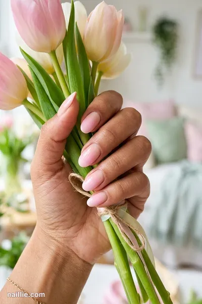 Close-up of oval nails with a pastel pink ombre fading into nude — look 2