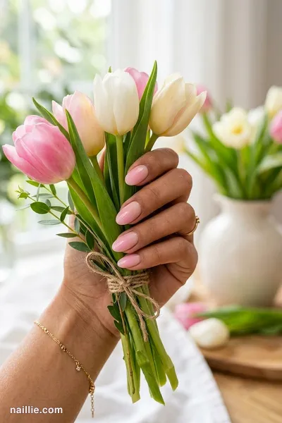 Close-up of oval nails with a pastel pink ombre fading into nude — look 3