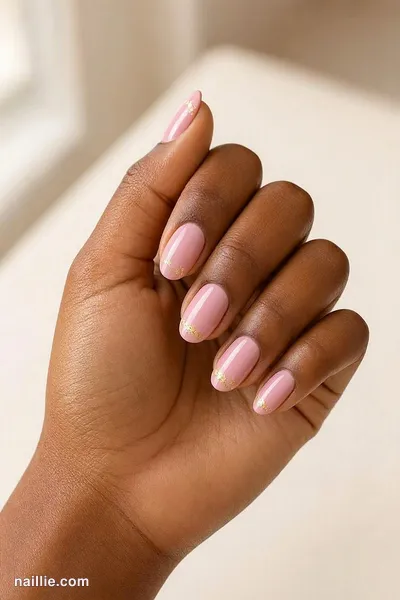 Close-up of short almond nails painted a glossy pastel pink — look 2