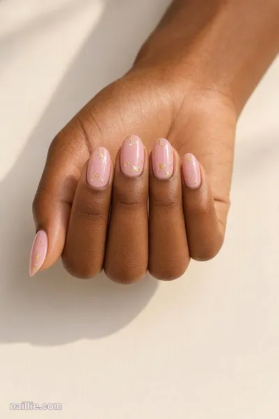 Close-up of short almond nails painted a glossy pastel pink — look 3