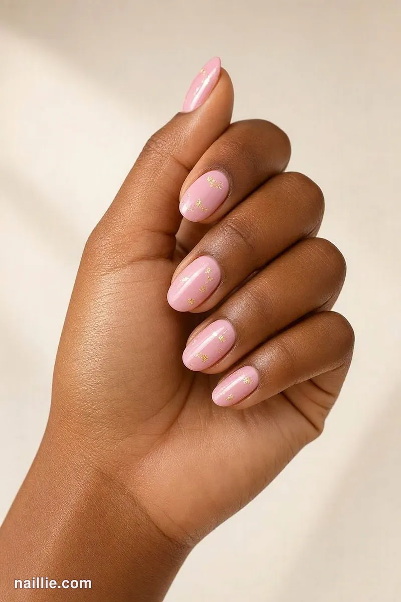 Close-up of short almond nails painted a glossy pastel pink