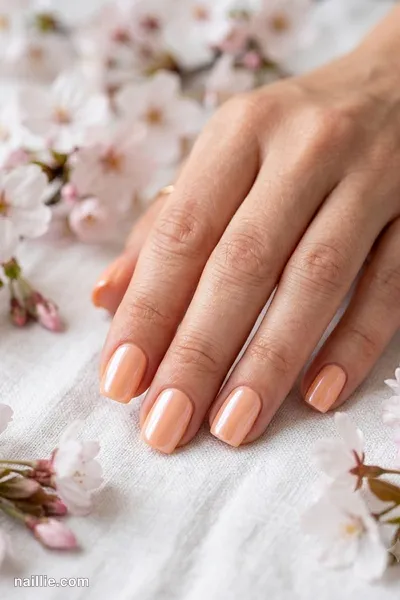 Close-up of short square nails with peach polish and a pearly glazed-donut shimmer