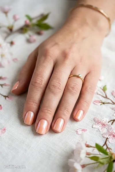 Close-up of short square nails with peach polish and a pearly glazed-donut shimmer — look 2