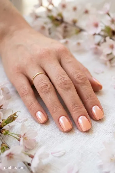 Close-up of short square nails with peach polish and a pearly glazed-donut shimmer — look 3