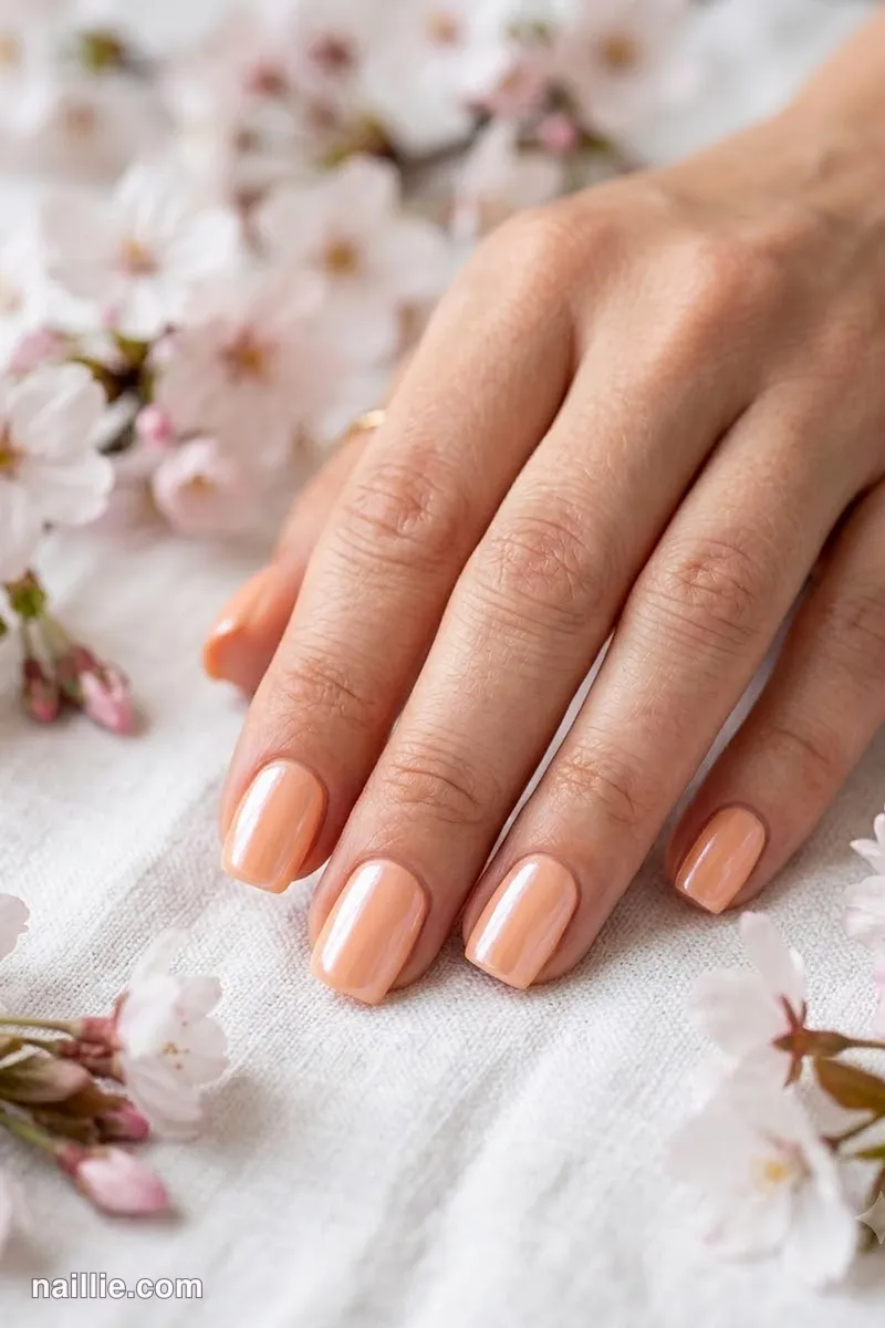 Close-up of short square nails with peach polish and a pearly glazed-donut shimmer