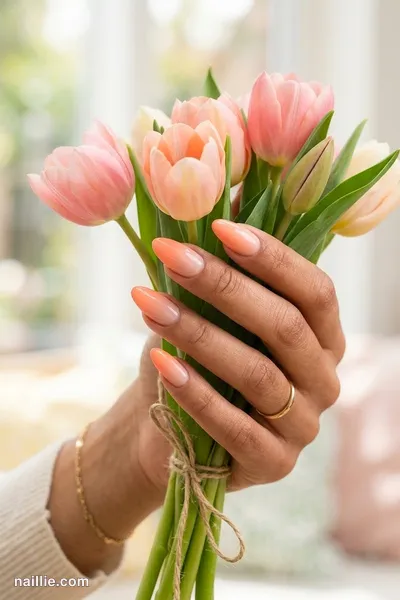 Close-up of almond nails with a peach ombre fading into nude