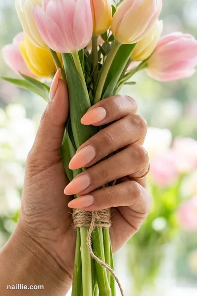 Close-up of almond nails with a peach ombre fading into nude — look 2