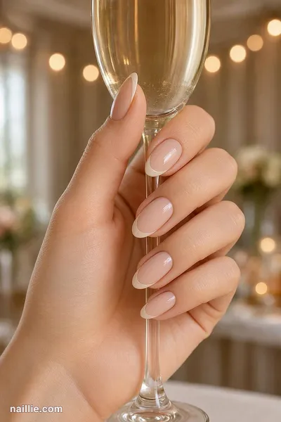 Close-up of almond nails with glossy peachy nude polish holding a champagne flute — look 2