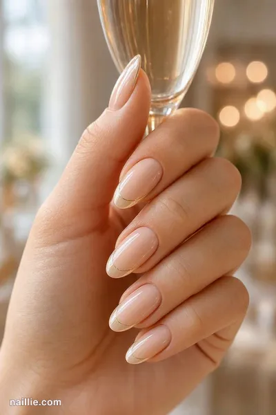 Close-up of almond nails with glossy peachy nude polish holding a champagne flute — look 3