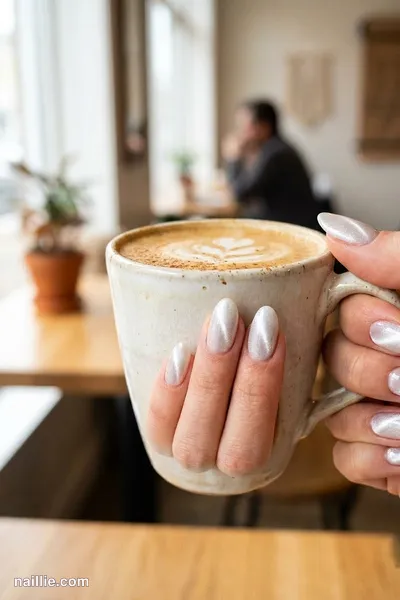 Close-up of oval nails with pearl white polish and a shimmering magnetic cat eye effect