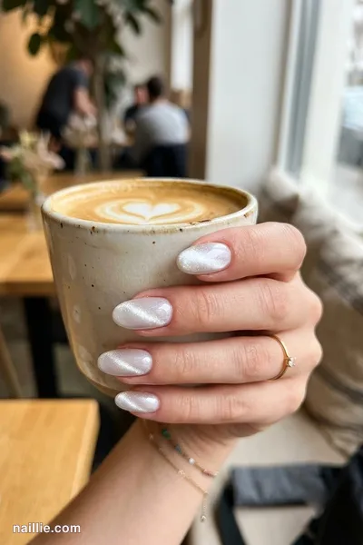 Close-up of oval nails with pearl white polish and a shimmering magnetic cat eye effect — look 2