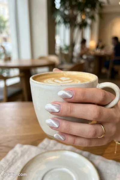 Close-up of oval nails with pearl white polish and a shimmering magnetic cat eye effect — look 3
