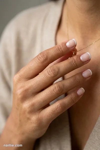 Close-up of short square nails with pearl white French tips over a sheer nude base — look 2