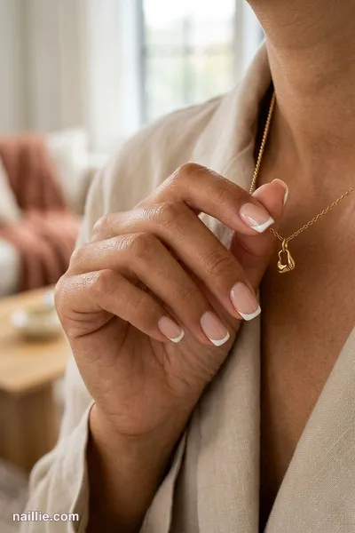 Close-up of short square nails with pearl white French tips over a sheer nude base — look 3