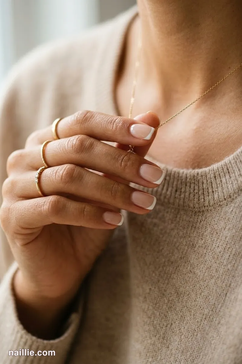 Close-up of short square nails with pearl white French tips over a sheer nude base