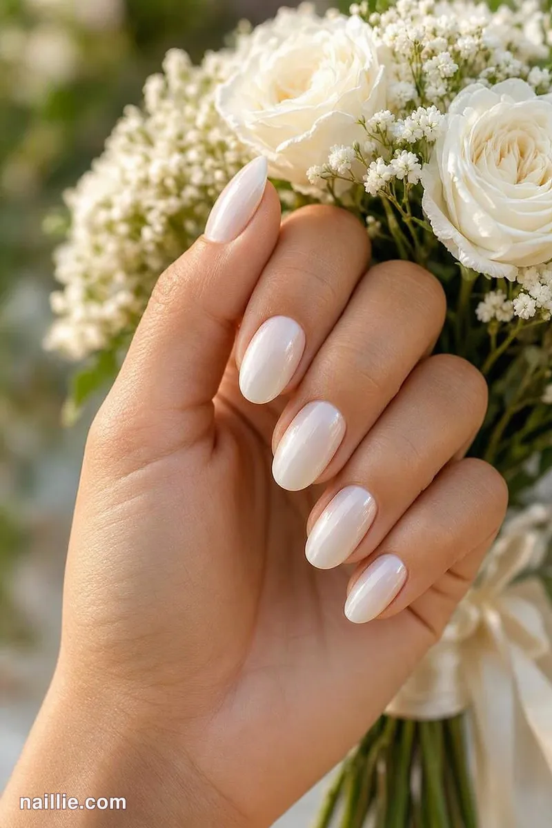 Close-up of pearly white glazed nails holding a white rose bouquet