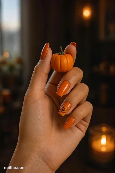 Close-up of coffin nails with little hand-painted pumpkins — look 2