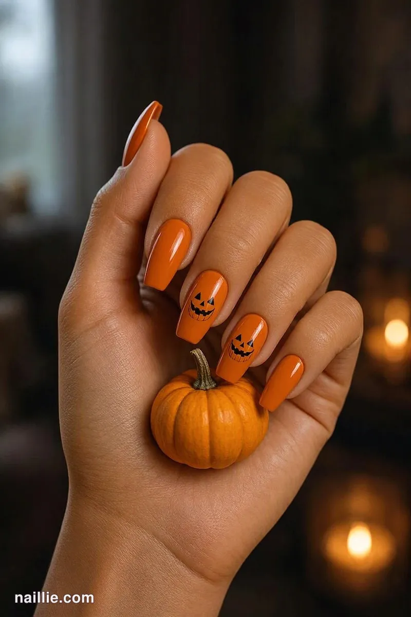 Close-up of coffin nails with little hand-painted pumpkins