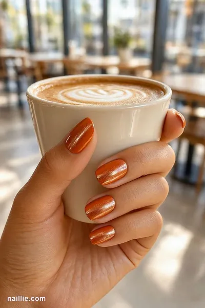 Close-up of almond nails with burnt orange chrome polish, holding a latte