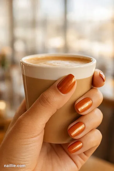 Close-up of almond nails with burnt orange chrome polish, holding a latte — look 2