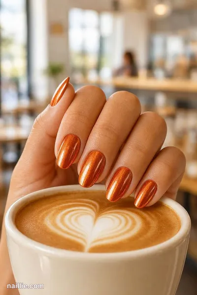 Close-up of almond nails with burnt orange chrome polish, holding a latte — look 3